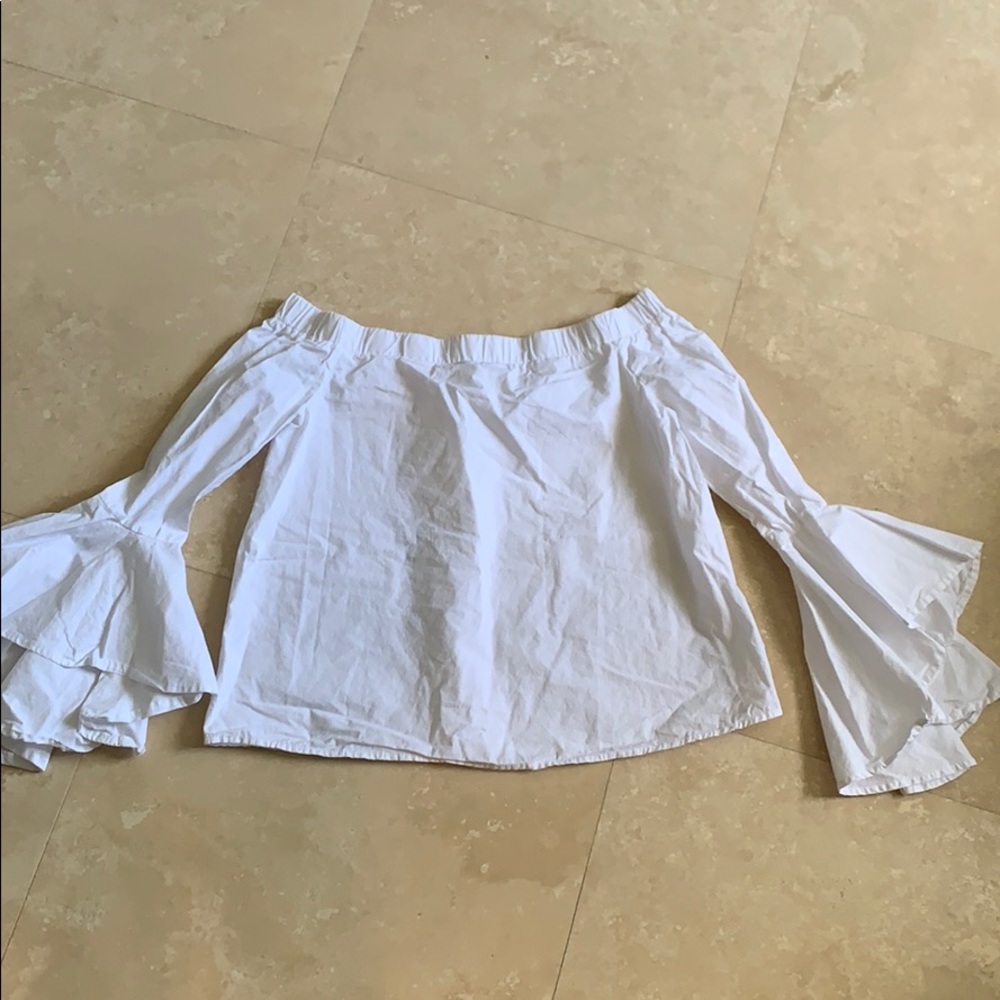 White off shoulder ruffle sleeves shirt